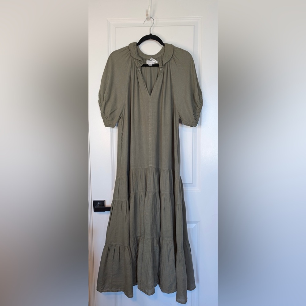 Velvet by Graham and Spencer Linen Split Neck Tiered Maxi Dress Olive Sz XS